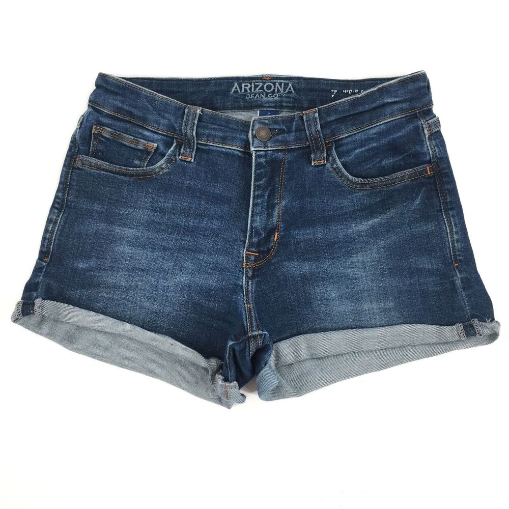 Arizona Jean Co. Mid Rise Cuffed Cut Off Denim Shorts 7 Dark Blue Wash Rolled